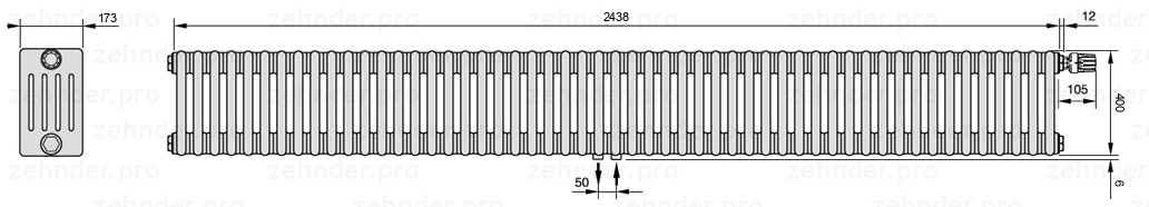Схема (чертеж) Радиатор Zehnder Charleston 5040/53 №V008 Белый глянцевый RAL 9016